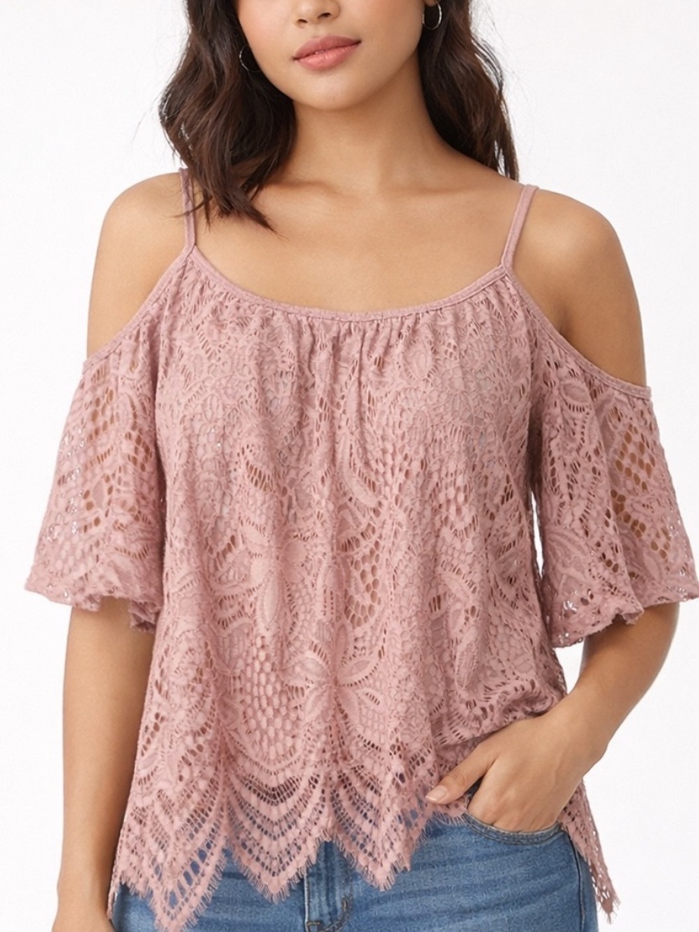 Women’s Lace Cold-Shoulder Top - Blush Pink